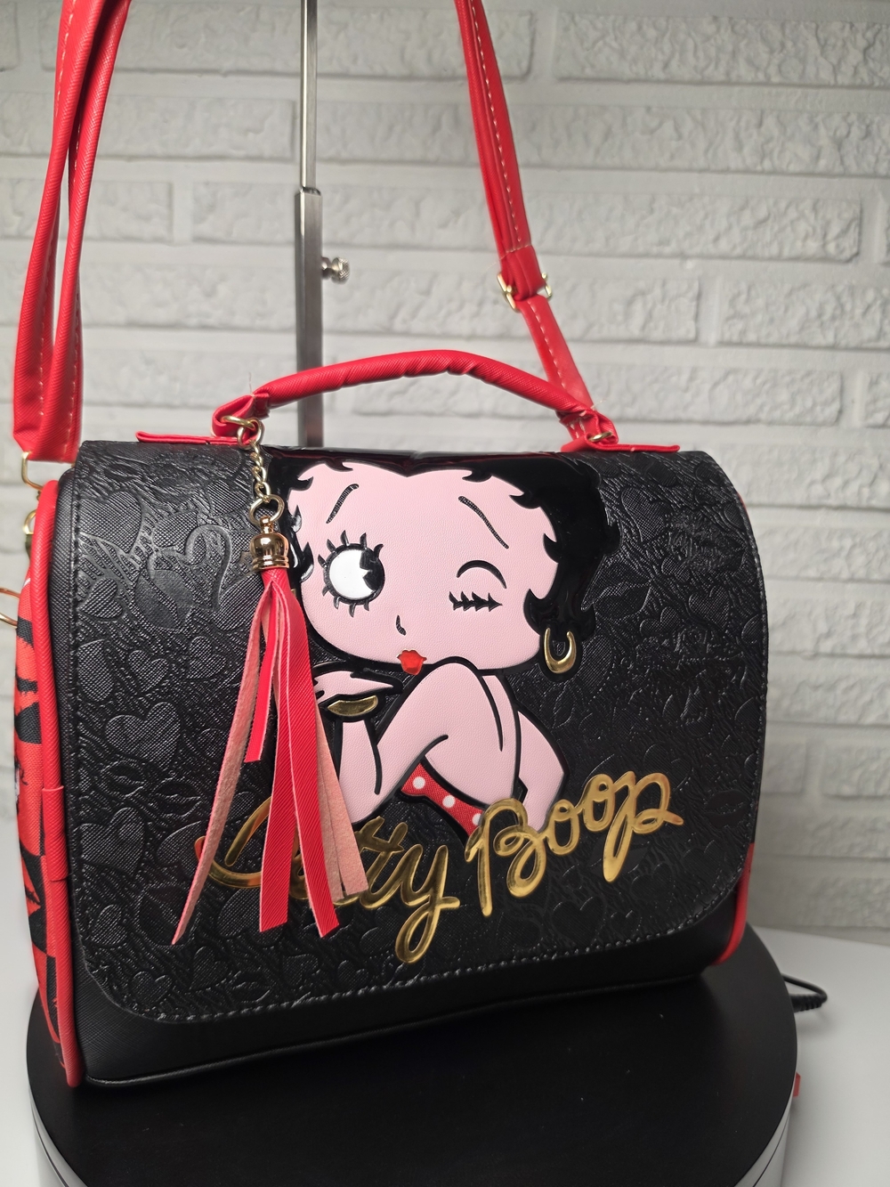 New 30cm Handmade Betty Boop Black & Pink Top-Handle Crossbody Bag